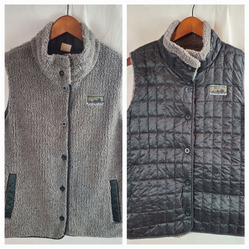 Patagonia Common Threads Women's (L) Reversible Fleece Gray & Green Down Vest